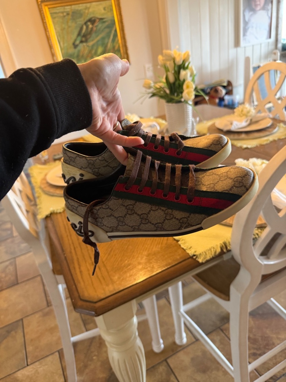 Gucci Beige Monogram Sneakers with Red and Green Stripe - Picture 9 of 10